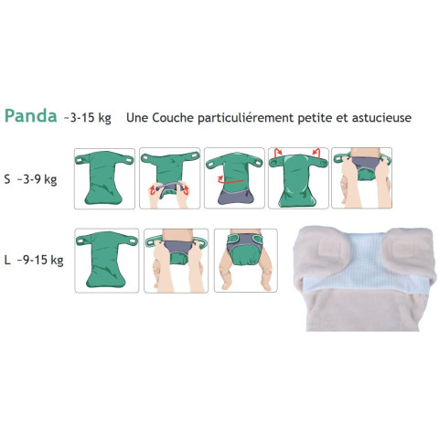 Couche lavable evolutive coton bio, Panda à velcro popolini