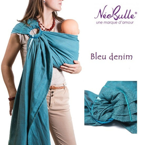 Bulline bleu denim, sling de portage Néobulle, echarpe sans noeud porte bébé physiologique de néobulle france