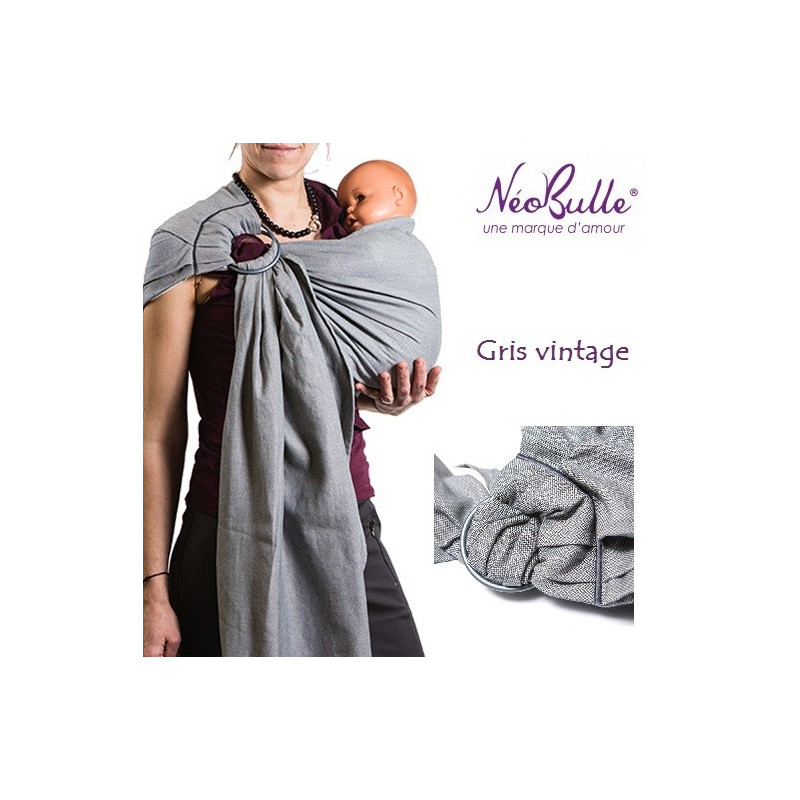 Bulline gris vintage, sling de portage Néobulle, echarpe sans noeud porte bébé physiologique de néobulle france