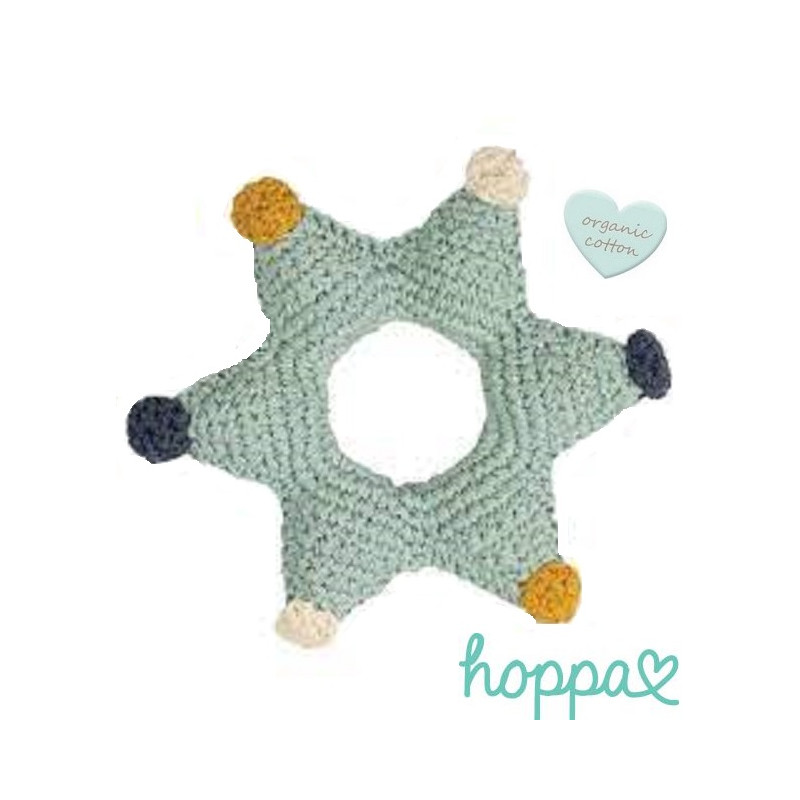 Hochet etoile en crochet, coton bio commerce equitable, jouet ecologique et ethique de Hoppa