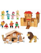 Jouets des petits mondes : figurines, ferme, pirate, chateau, maison